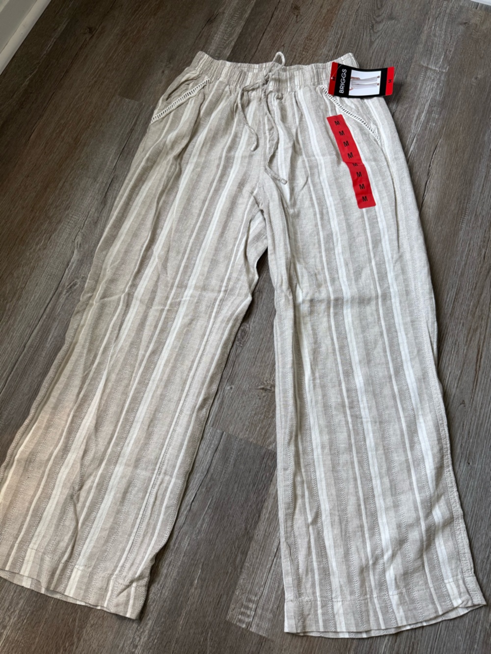 Briggs Striped Linen Blend Drawstring Pants Wide Leg Hippie Beige White Size M - Picture 2 of 8